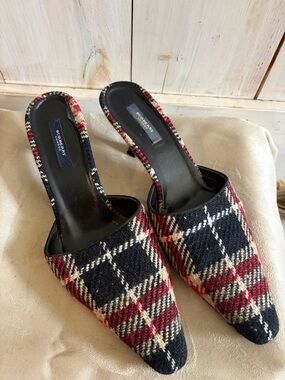 Vintage Burberry Plaid Slide Mules in Black, Red and Cream